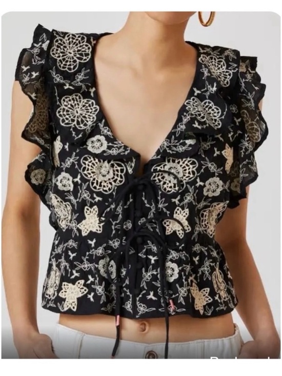 Anthropologie Tops - Anthropologie Black Embroidered Ruffle Tie-Front Top